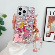 Decase Apple iPhone 15 Plus Case for Girls Women 3D Luxury Bling Glitter Diamond Crystal Rhinestone Butterfly Case Cover with Charm Pendant Wristband Fashionable Laser Phone Shell,Pink